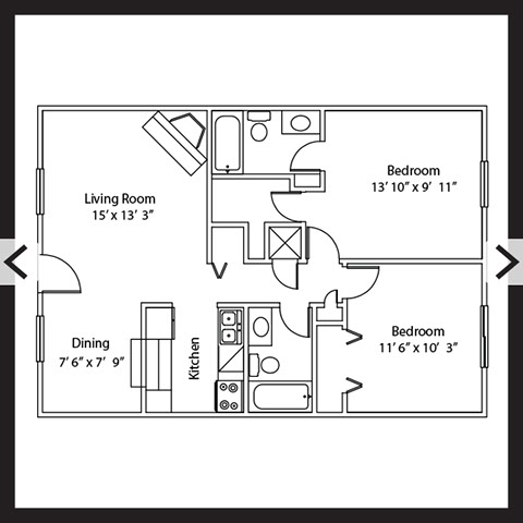 2 Bedroom 2 Bath 890 SF